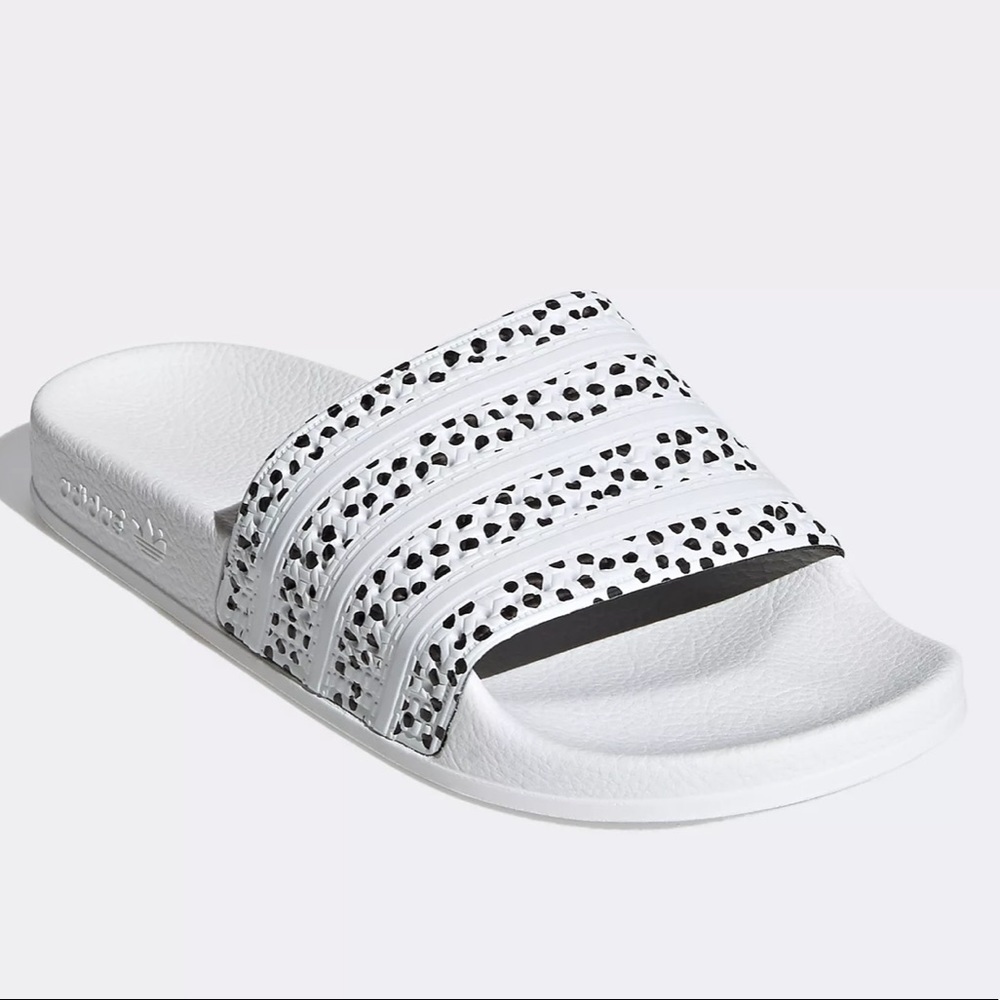 Adidas Originals Adilette sliders in white with polka dot print